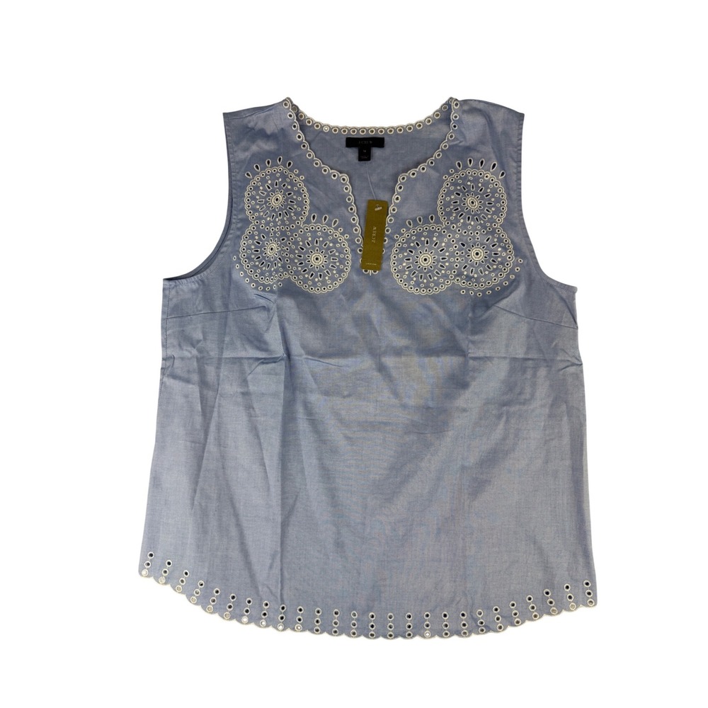 J.Crew Sleeveless Eyelet Top Women 12 Blue Chambray Embroidered Scallop E9392